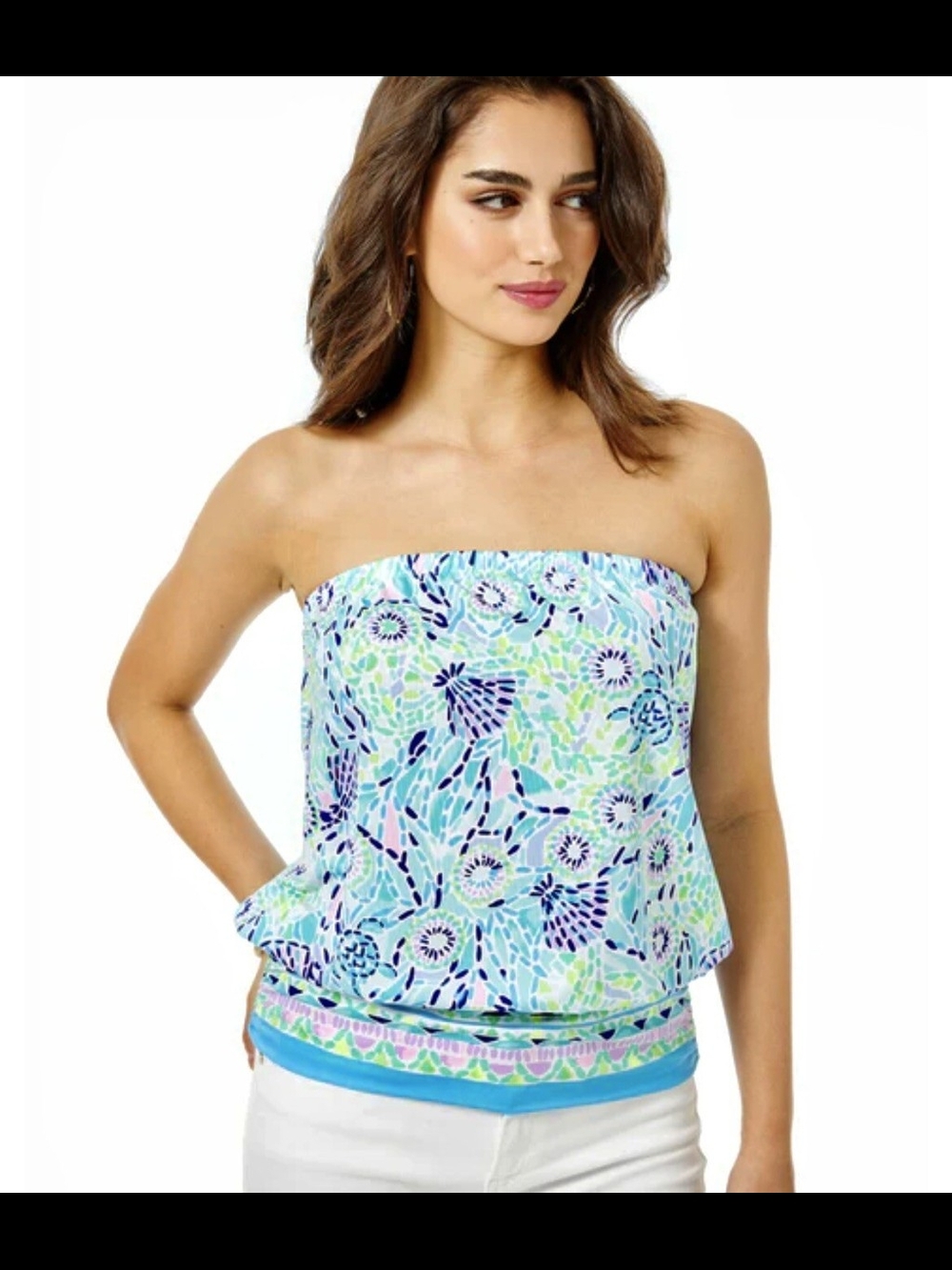 Lilly Pulitzer Strapless Floral Blouson Swim Top in Aqua, Navy & Lime